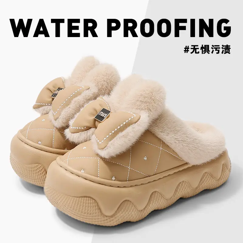 Winter New Cotton Slippers with Bow High-Top Cotton Shoes for Women's Home Indoor Thick-Soled Non-Slip Waterproof Outdoor Bag Root Slippers - Image 4