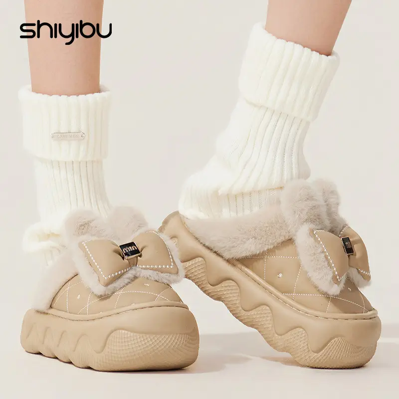 Winter New Cotton Slippers with Bow High-Top Cotton Shoes for Women's Home Indoor Thick-Soled Non-Slip Waterproof Outdoor Bag Root Slippers - Image 6
