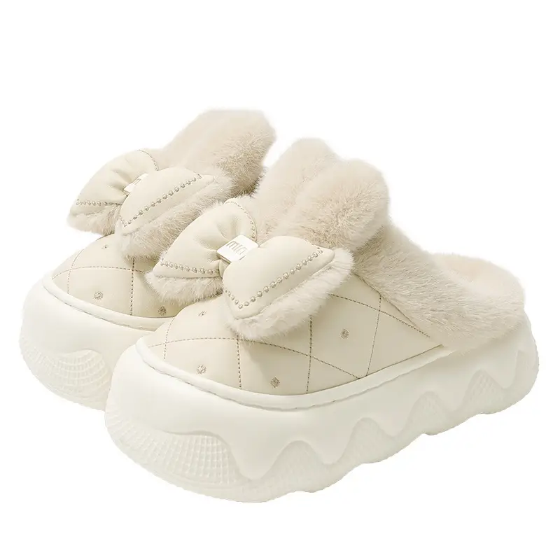 Winter New Cotton Slippers with Bow High-Top Cotton Shoes for Women's Home Indoor Thick-Soled Non-Slip Waterproof Outdoor Bag Root Slippers - Image 8