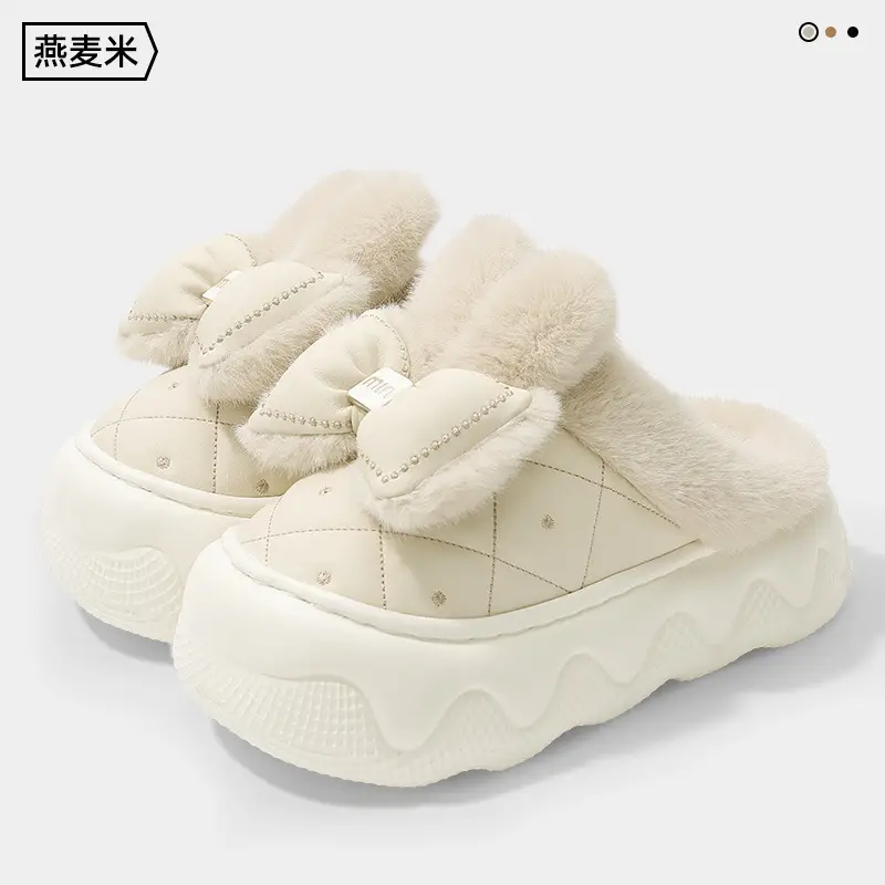 Winter New Cotton Slippers with Bow High-Top Cotton Shoes for Women's Home Indoor Thick-Soled Non-Slip Waterproof Outdoor Bag Root Slippers - Image 2
