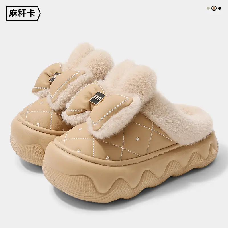 Winter New Cotton Slippers with Bow High-Top Cotton Shoes for Women's Home Indoor Thick-Soled Non-Slip Waterproof Outdoor Bag Root Slippers - Image 3