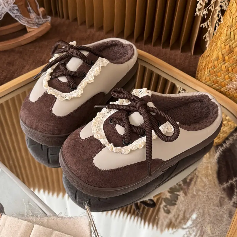 New Retro Leather Color-Blocked Rope Moral Training Shoes for Women in Autumn and Winter Indoor Home Fleece-Lined Warm Anti-Slip Cotton Slippers - Image 5