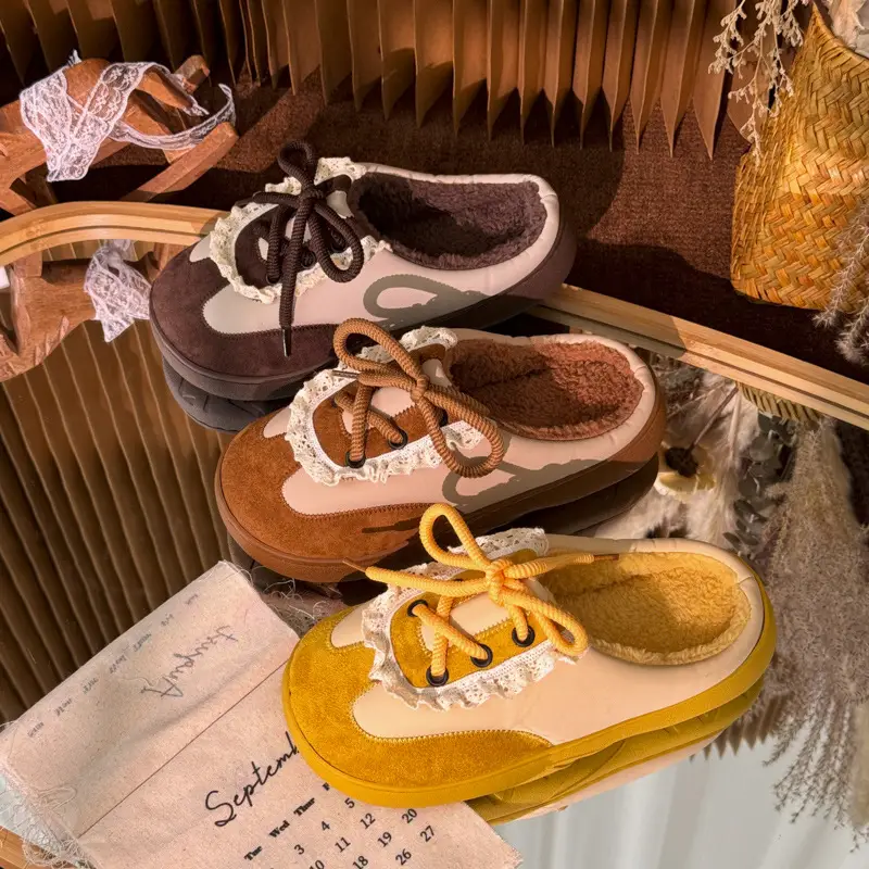 New Retro Leather Color-Blocked Rope Moral Training Shoes for Women in Autumn and Winter Indoor Home Fleece-Lined Warm Anti-Slip Cotton Slippers - Image 7