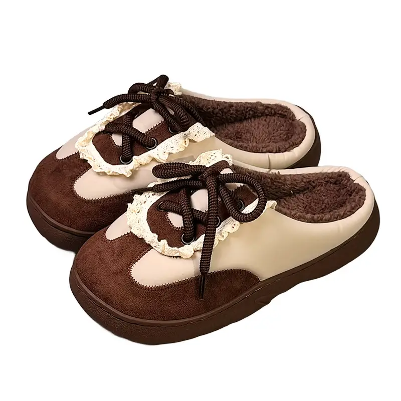 New Retro Leather Color-Blocked Rope Moral Training Shoes for Women in Autumn and Winter Indoor Home Fleece-Lined Warm Anti-Slip Cotton Slippers - Image 2