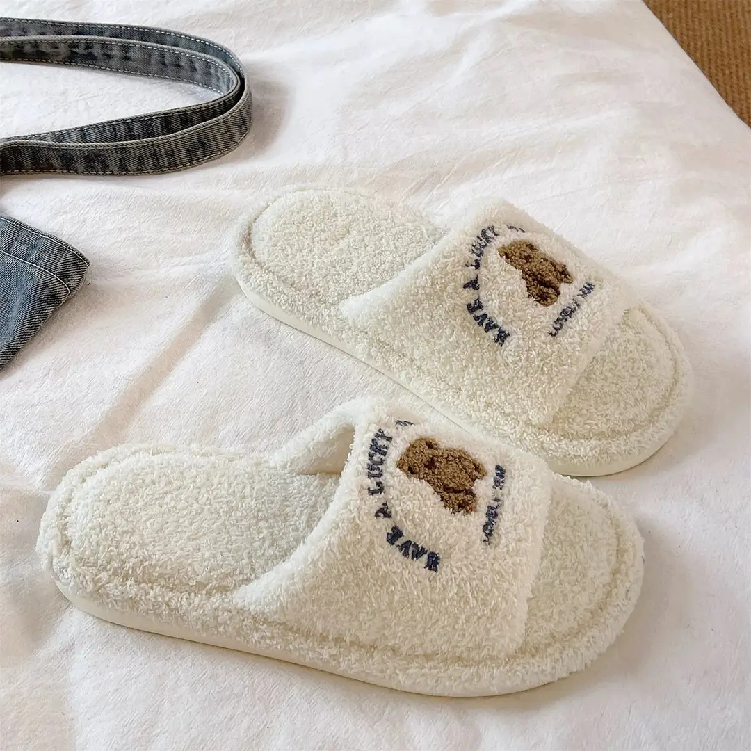 Cute Bear Furry Slippers for Women in Autumn and Winter for Couples at Home Indoor Non-Slip Silent Warm One-Word Cotton Slippers for Men - Image 4