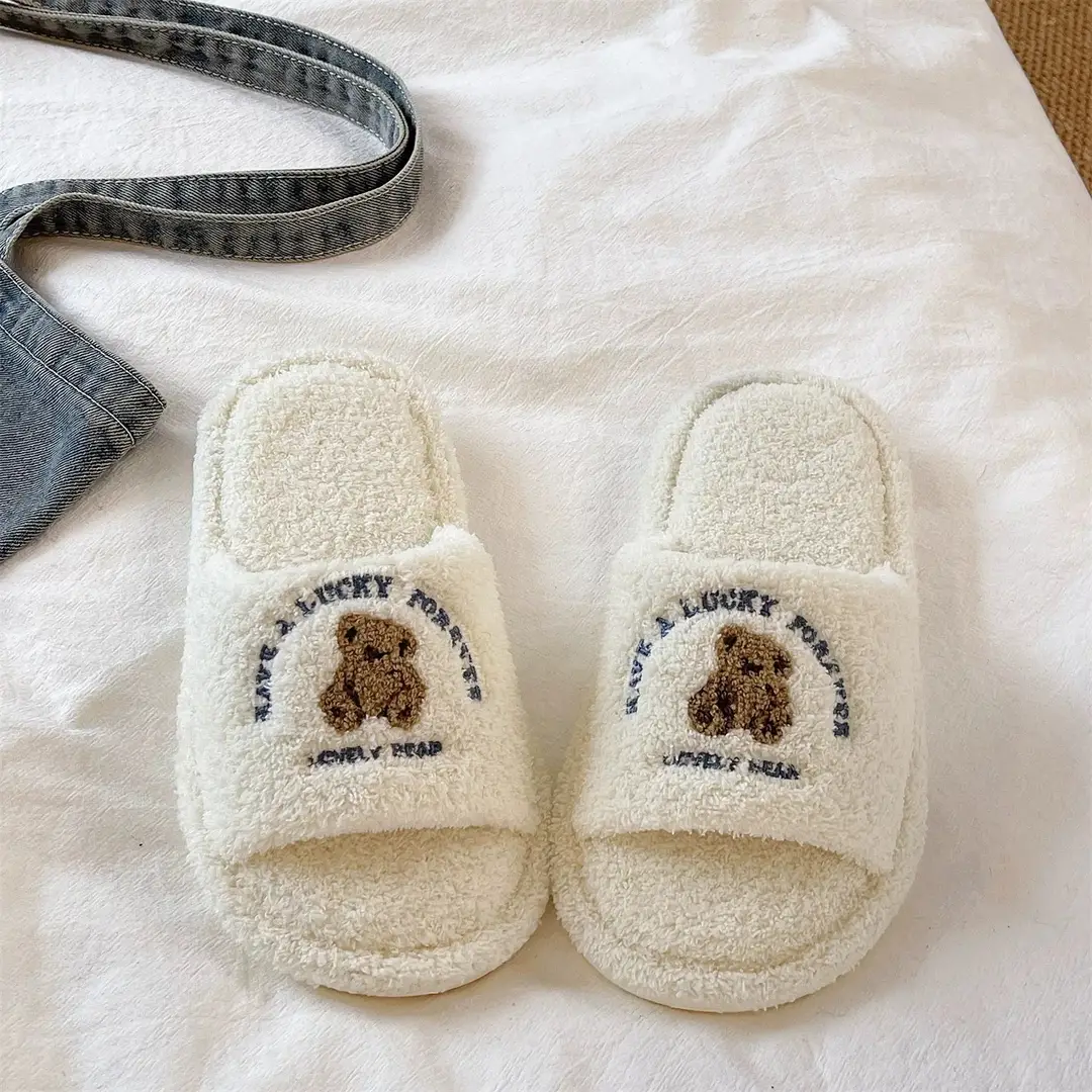 Cute Bear Furry Slippers for Women in Autumn and Winter for Couples at Home Indoor Non-Slip Silent Warm One-Word Cotton Slippers for Men - Image 5