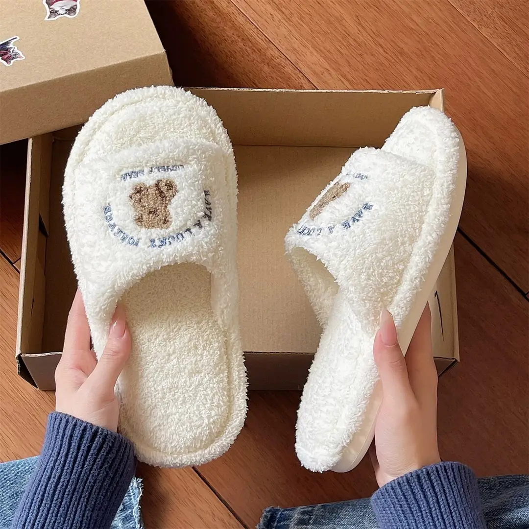 Cute Bear Furry Slippers for Women in Autumn and Winter for Couples at Home Indoor Non-Slip Silent Warm One-Word Cotton Slippers for Men - Image 6