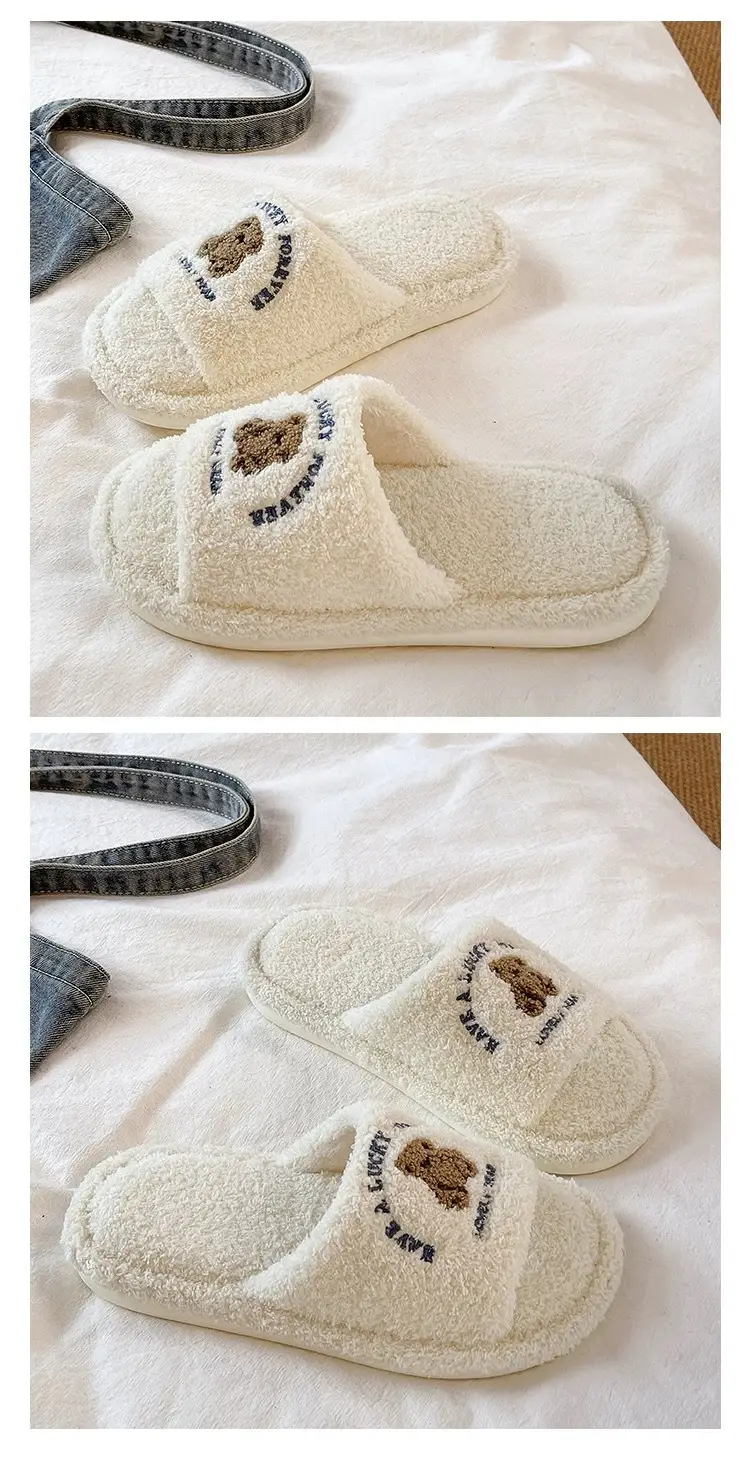 Cute Bear Furry Slippers for Women in Autumn and Winter for Couples at Home Indoor Non-Slip Silent Warm One-Word Cotton Slippers for Men — feature 4