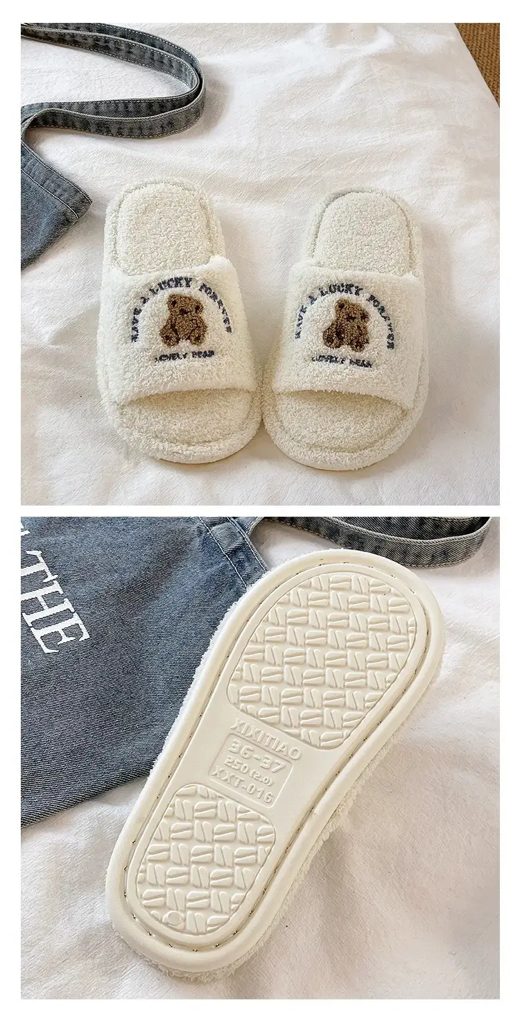 Cute Bear Furry Slippers for Women in Autumn and Winter for Couples at Home Indoor Non-Slip Silent Warm One-Word Cotton Slippers for Men — feature 5