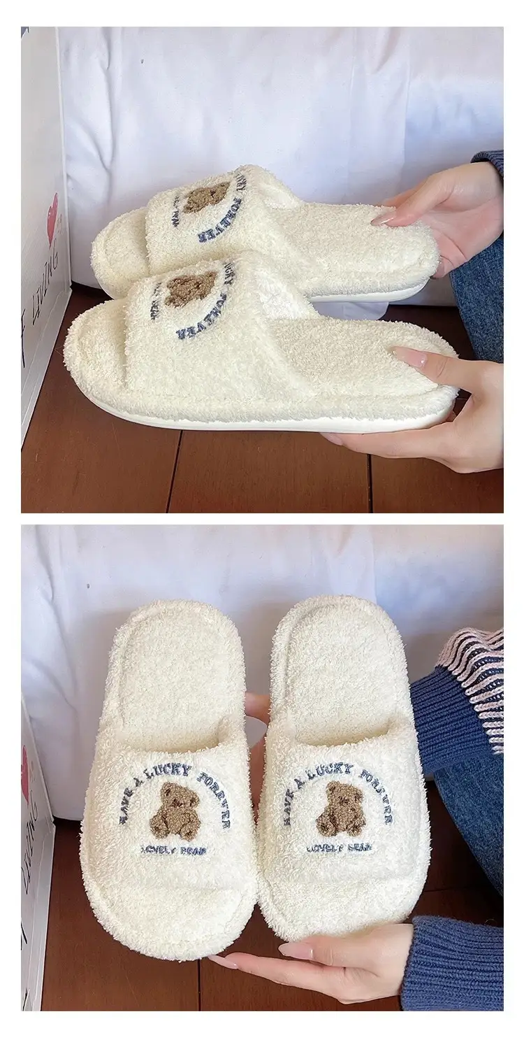 Cute Bear Furry Slippers for Women in Autumn and Winter for Couples at Home Indoor Non-Slip Silent Warm One-Word Cotton Slippers for Men — feature 6