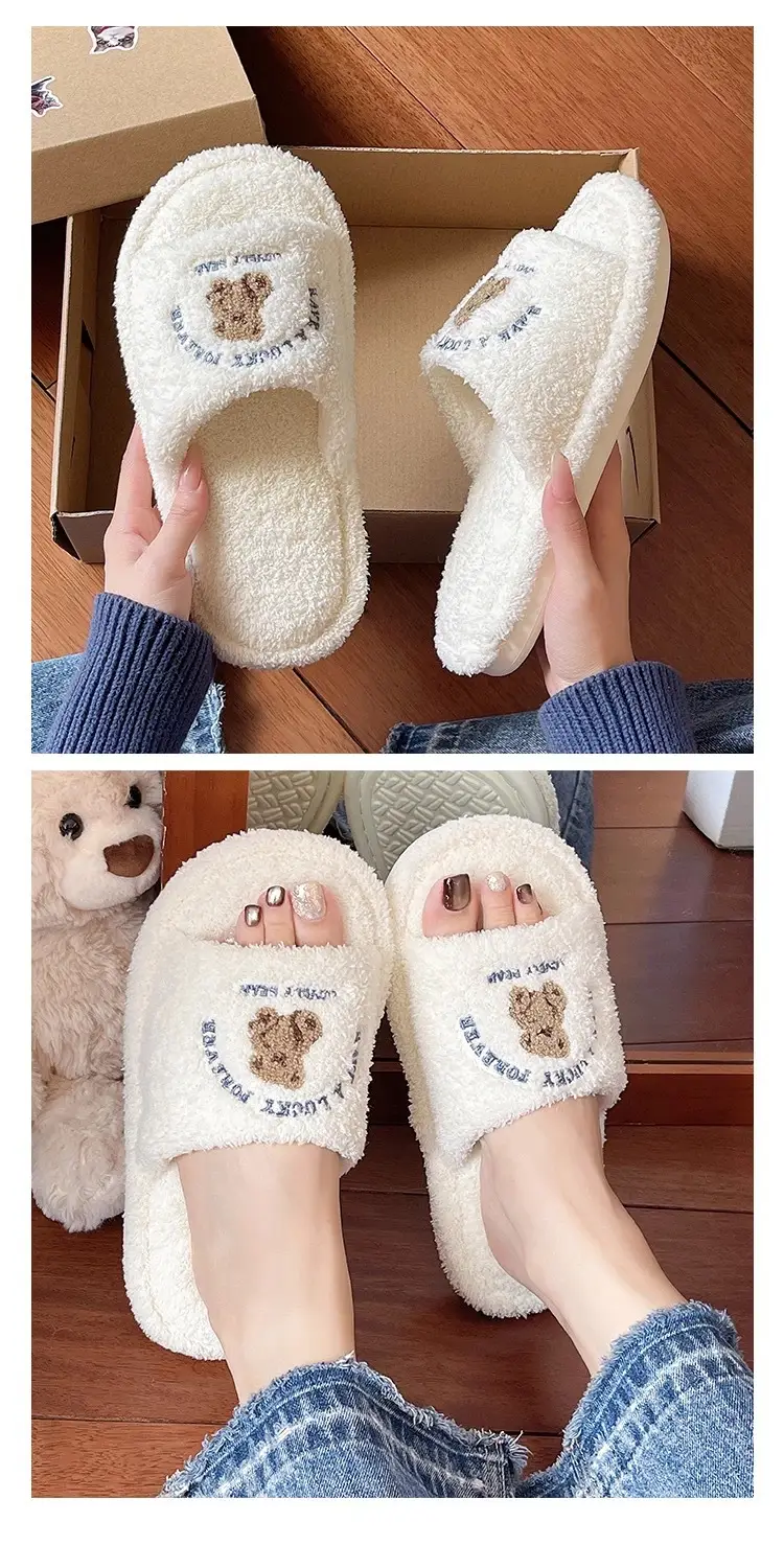 Cute Bear Furry Slippers for Women in Autumn and Winter for Couples at Home Indoor Non-Slip Silent Warm One-Word Cotton Slippers for Men — feature 7
