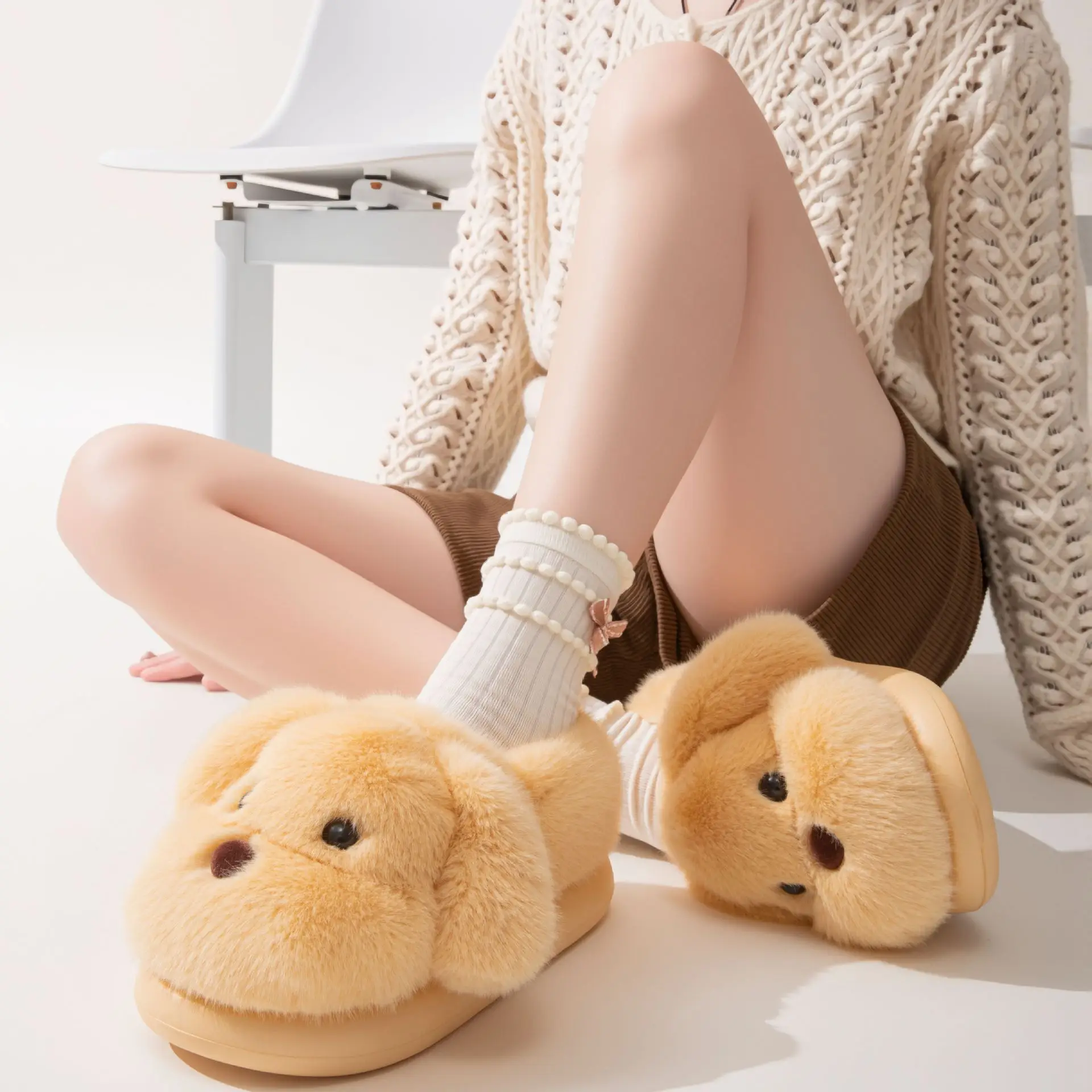 Cute Puppy Plush Warm Slippers Winter Cotton Non-Slip