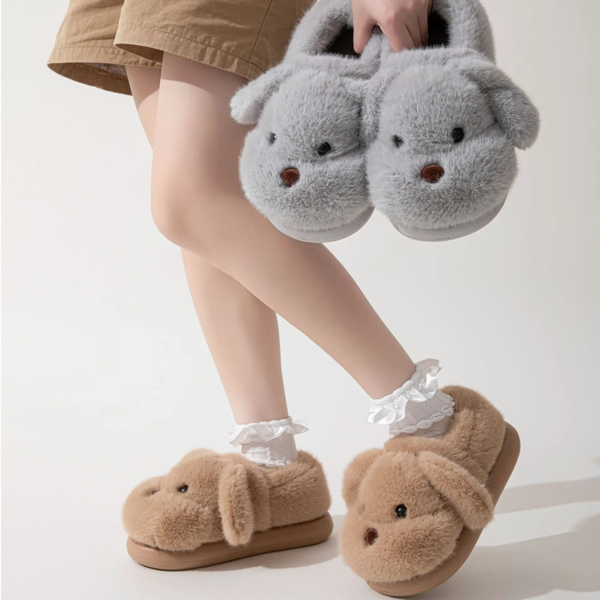 Cute Puppy Plush Warm Slippers Winter Cotton Non-Slip