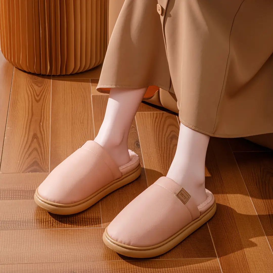 Waterproof Cotton Slippers for Women in Winter Indoor Fleece-Lined to Heattech Home Non-Slip Anti-Odor Antibacterial Pu Leather Slippers for Men in Autumn and Winter - Image 8