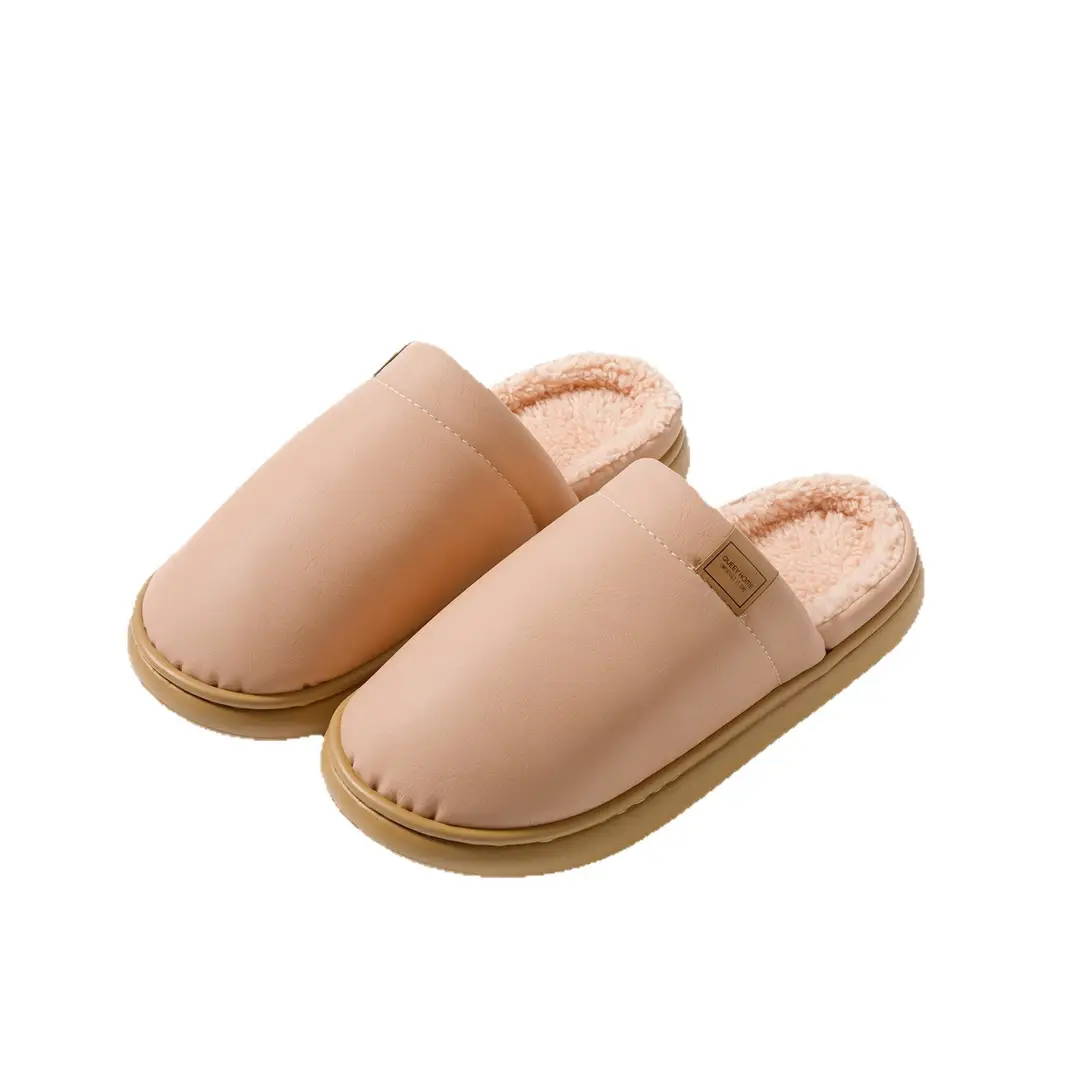 Waterproof Cotton Slippers for Women in Winter Indoor Fleece-Lined to Heattech Home Non-Slip Anti-Odor Antibacterial Pu Leather Slippers for Men in Autumn and Winter - Image 9