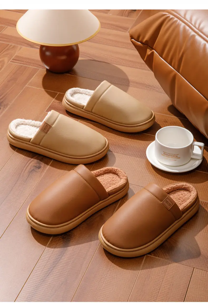Waterproof Cotton Slippers for Women in Winter Indoor Fleece-Lined to Heattech Home Non-Slip Anti-Odor Antibacterial Pu Leather Slippers for Men in Autumn and Winter — feature 14