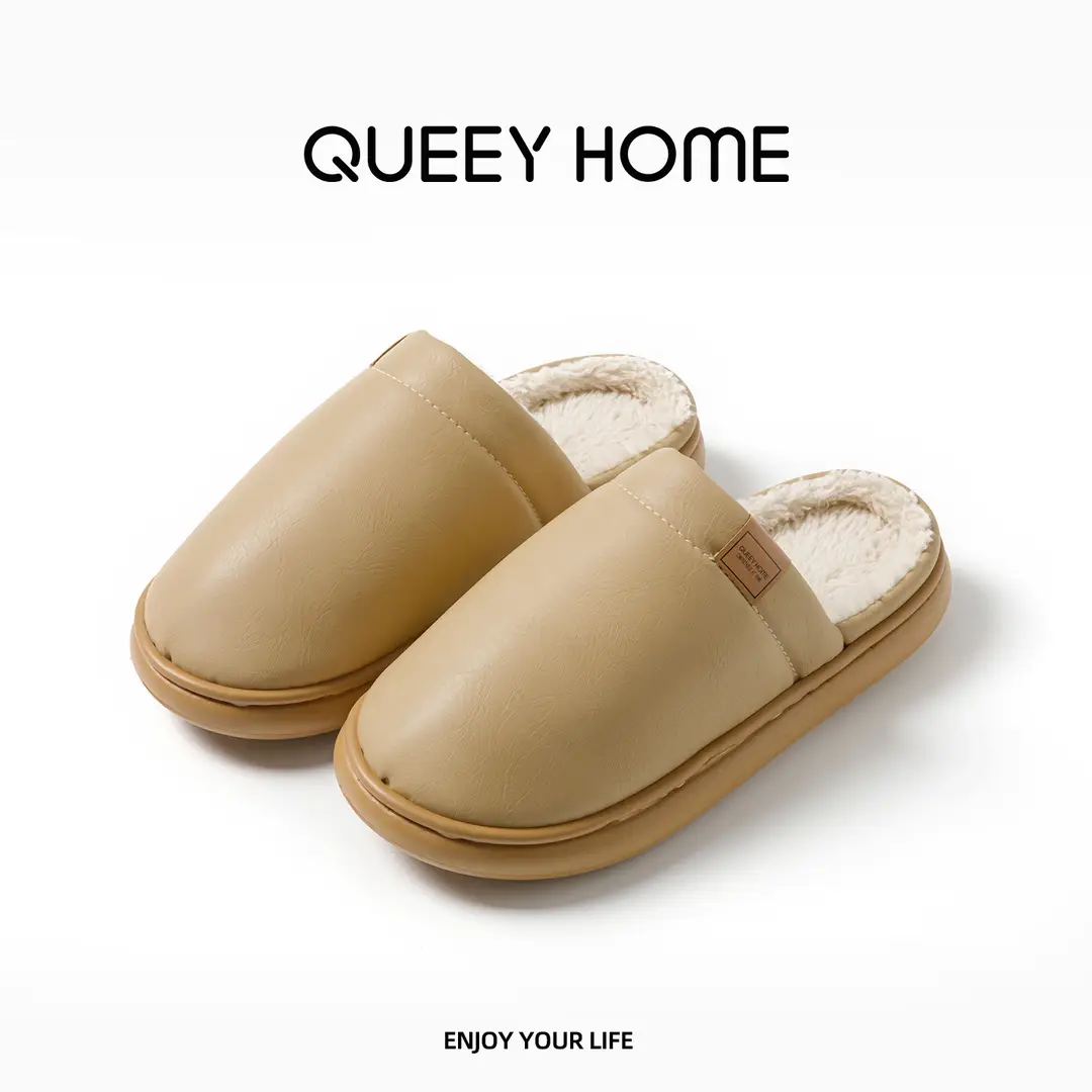 Waterproof Cotton Slippers for Women in Winter Indoor Fleece-Lined to Heattech Home Non-Slip Anti-Odor Antibacterial Pu Leather Slippers for Men in Autumn and Winter - Image 2