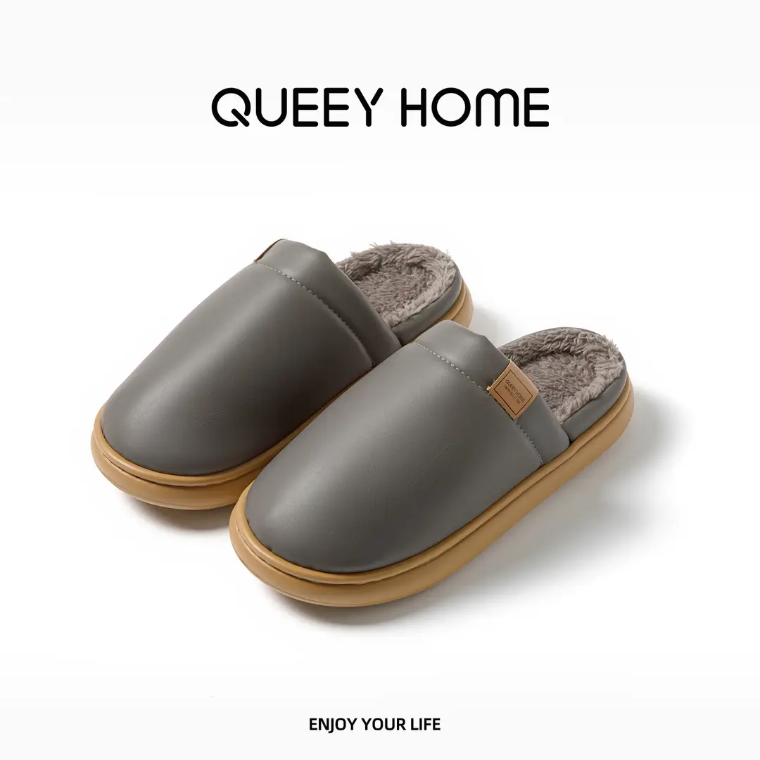 Waterproof Cotton Slippers for Women in Winter Indoor Fleece-Lined to Heattech Home Non-Slip Anti-Odor Antibacterial Pu Leather Slippers for Men in Autumn and Winter - Image 3