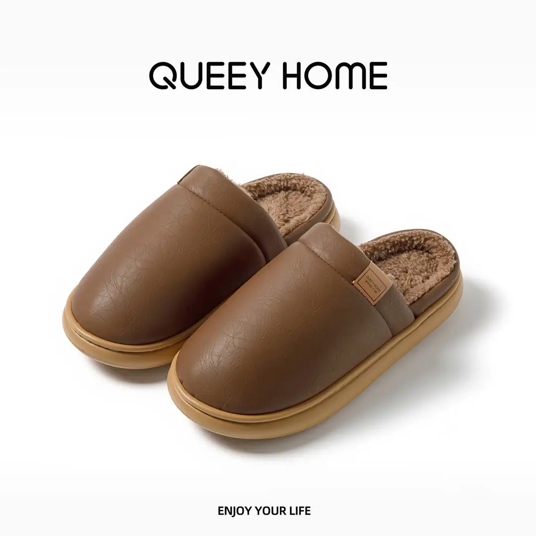 Waterproof Cotton Slippers for Women in Winter Indoor Fleece-Lined to Heattech Home Non-Slip Anti-Odor Antibacterial Pu Leather Slippers for Men in Autumn and Winter - Image 4