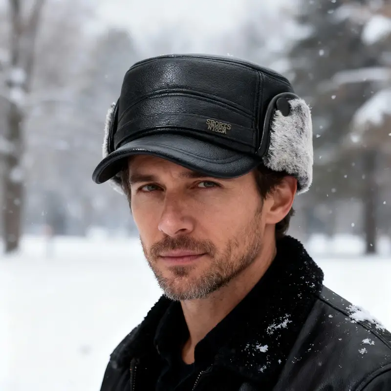 Winter Warm Leather Cap for Men Black Ear Protection - Image 5