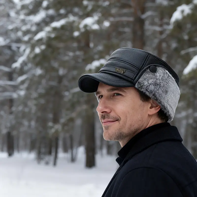 Winter Warm Leather Cap for Men Black Ear Protection - Image 6