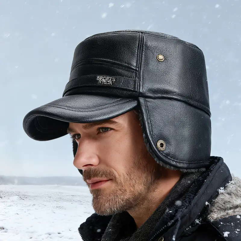 Winter Warm Leather Cap for Men Black Ear Protection - Image 7