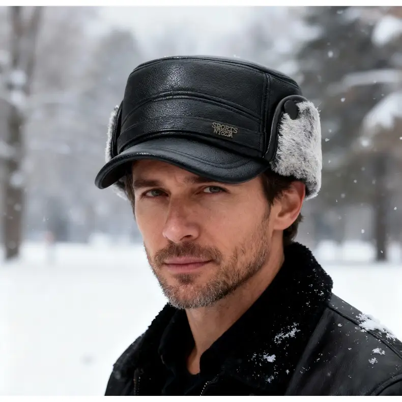 Winter Warm Leather Cap for Men Black Ear Protection — feature 15