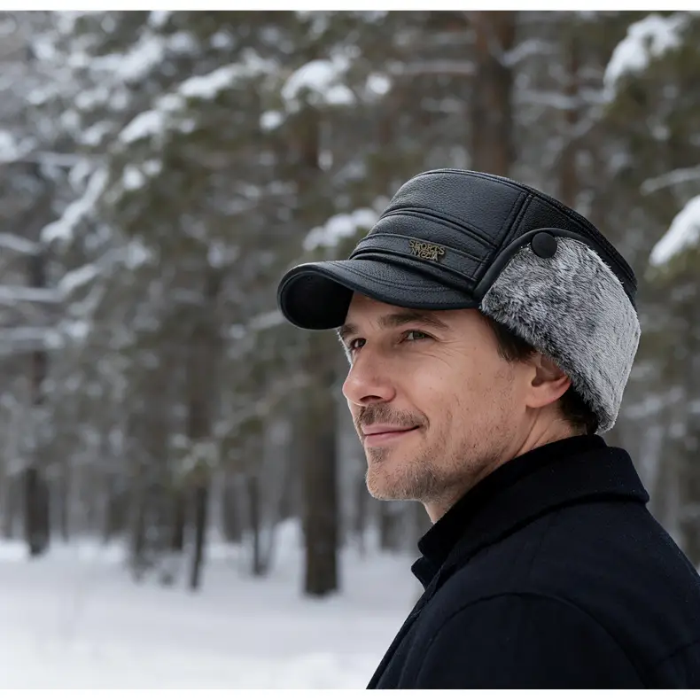 Winter Warm Leather Cap for Men Black Ear Protection — feature 16
