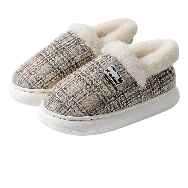 Winter Non-Slip Plush Color-Blocking Warm Slippers with Heel Cover for Home Indoor Couples, Thick-Soled Lazy Cotton Shoes for Women - Image 13