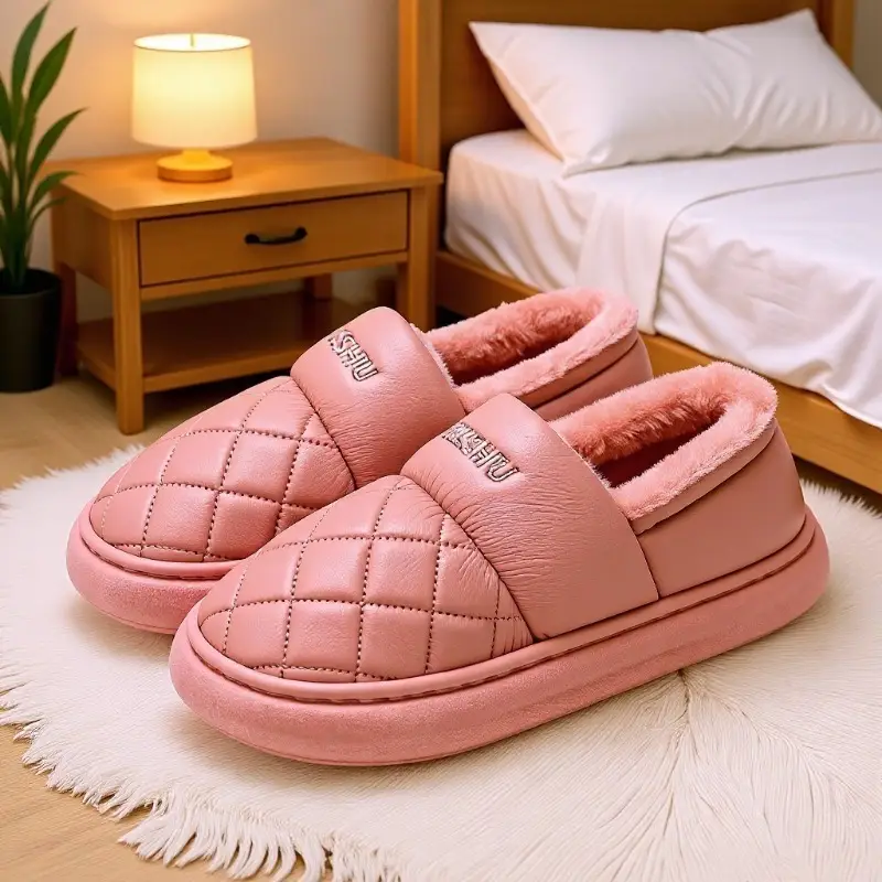 Women Pink Quilted Slippers Warm Winter Indoor Outdoor - Image 6