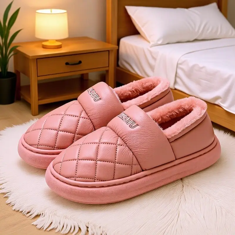 Women Pink Quilted Slippers Warm Winter Indoor Outdoor - Image 2