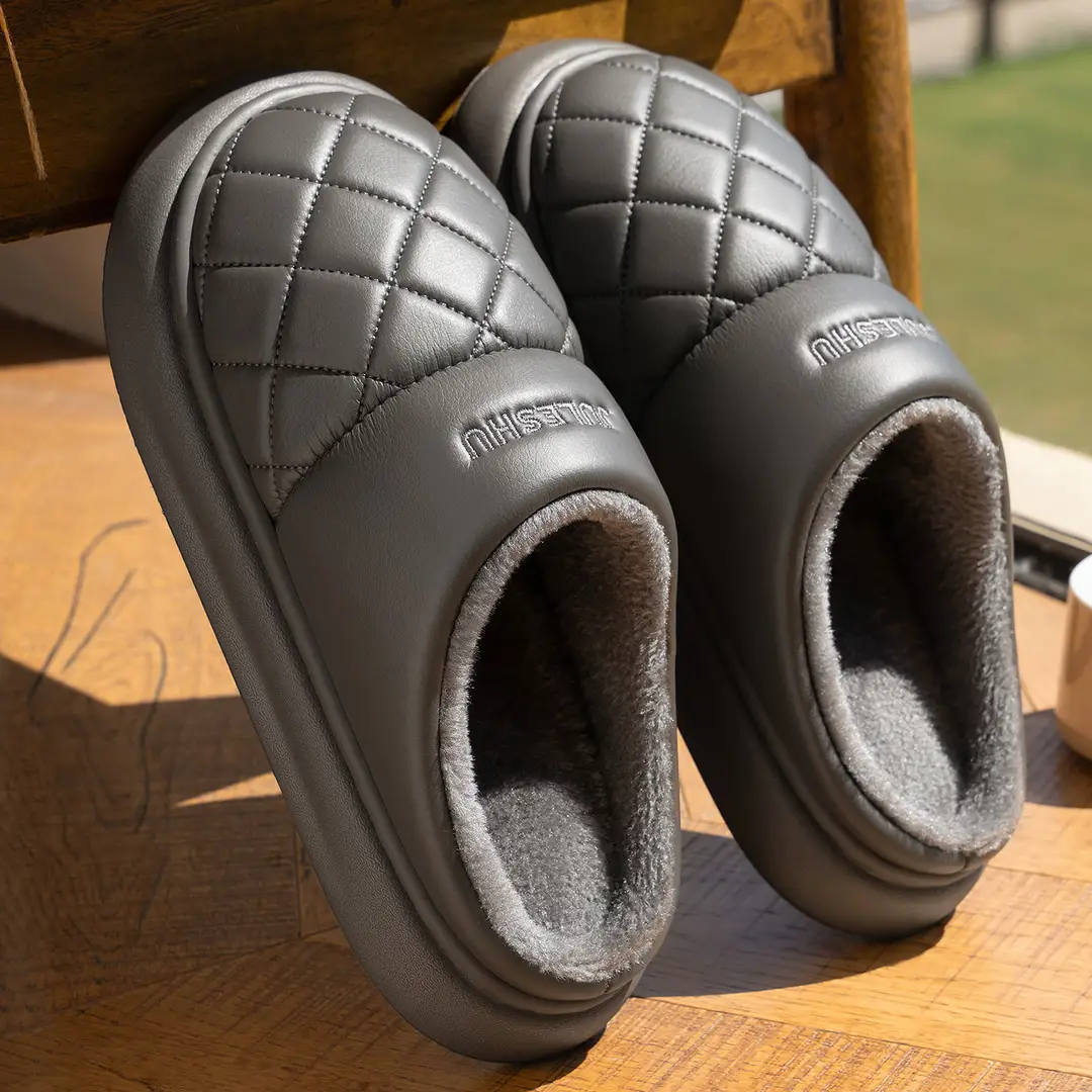 Waterproof Cotton Slippers for Men's Home Autumn and Winter Indoor Non-Slip Home Couple Warm Leather Cotton Slippers Men's Thick-Soled Leather Slippers - Image 2