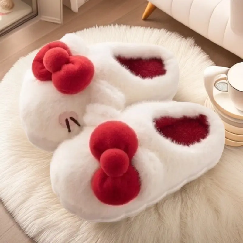 Women's Stuffed Cotton Slippers Red Bow Winter Warm - Image 5