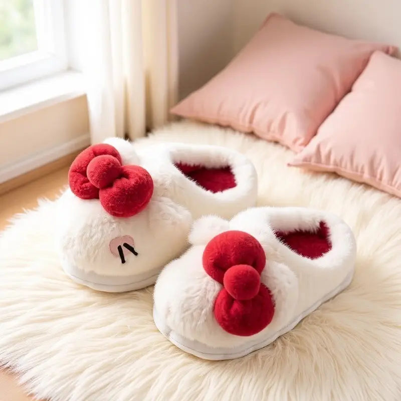 Women's Stuffed Cotton Slippers Red Bow Winter Warm - Image 6