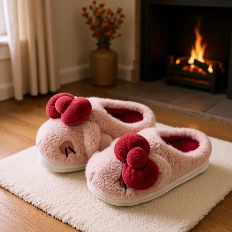 Women's Stuffed Cotton Slippers Red Bow Winter Warm - Image 7