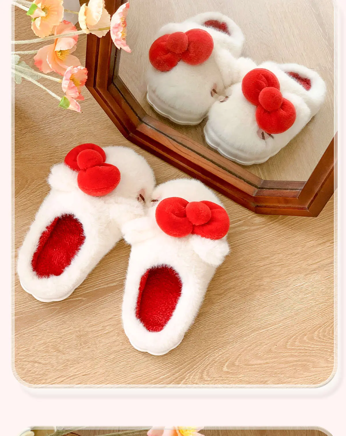 Women's Stuffed Cotton Slippers Red Bow Winter Warm — feature 14