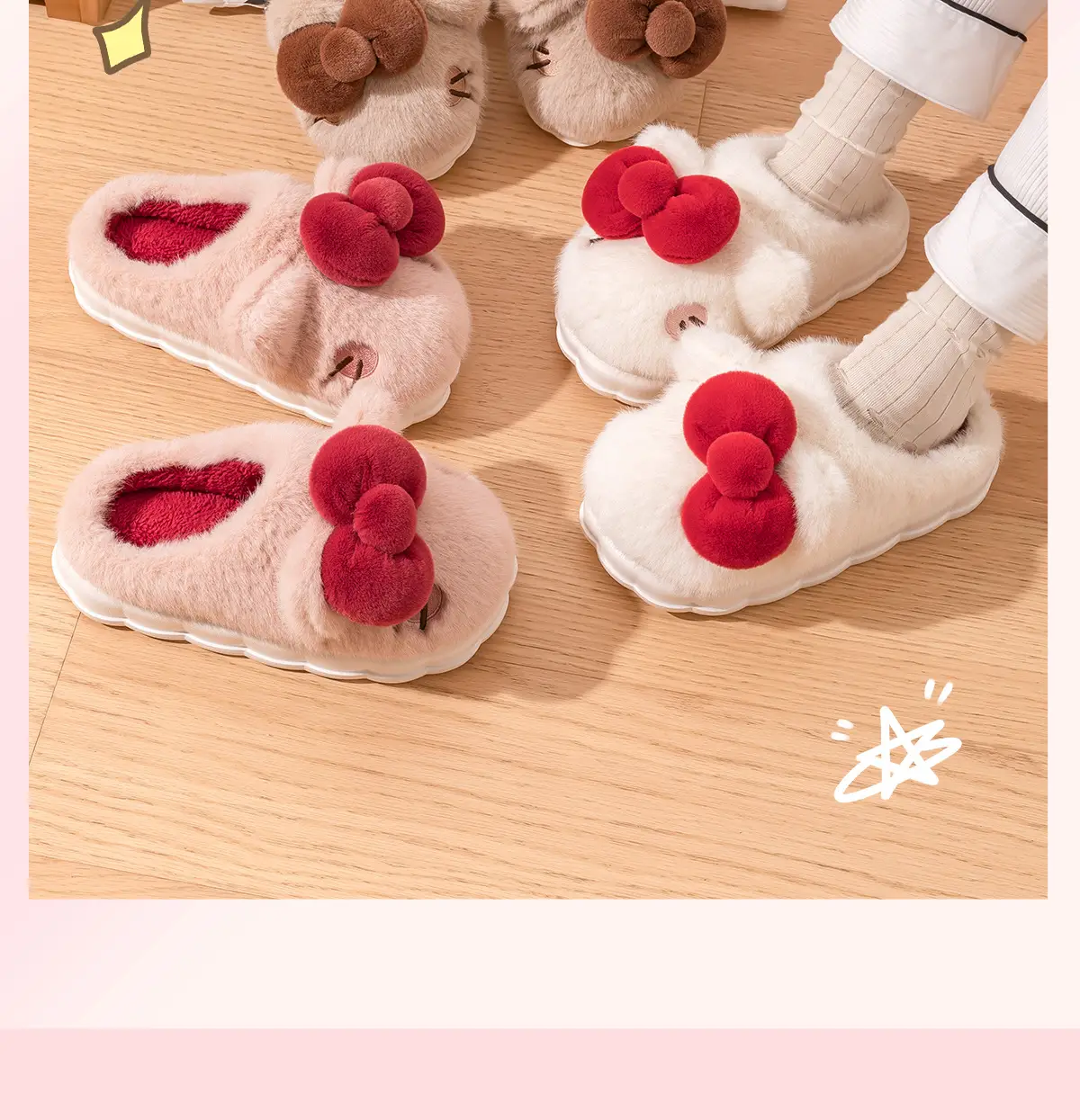 Women's Stuffed Cotton Slippers Red Bow Winter Warm — feature 2