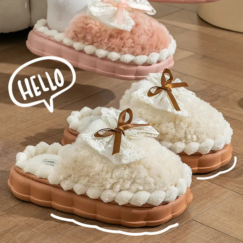 Women Winter Bow Furry Slippers Warm Anti-Slip Indoor - Image 6