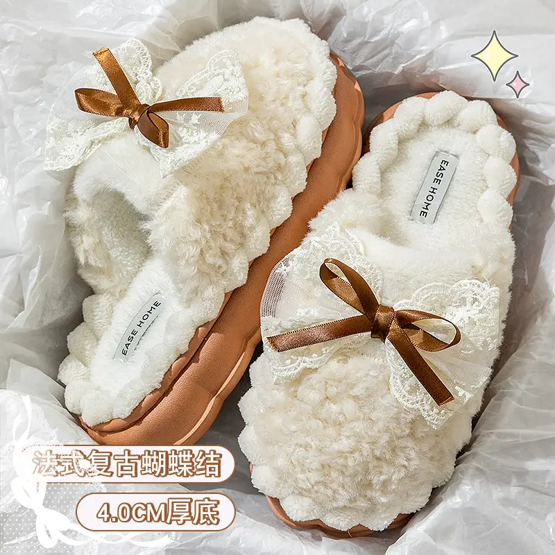 Women Winter Bow Furry Slippers Warm Anti-Slip Indoor