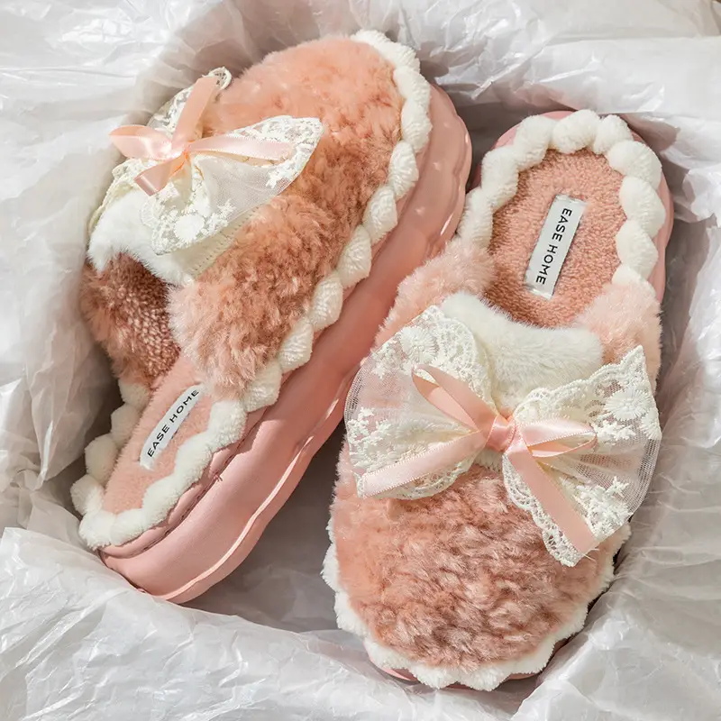 Women Winter Bow Furry Slippers Warm Anti-Slip Indoor - Image 2