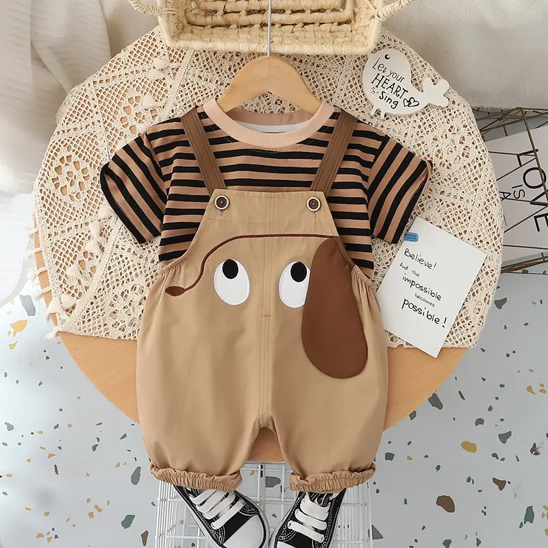 Boys Green Overalls Striped T-Shirt Split Suit 2025 - Image 2
