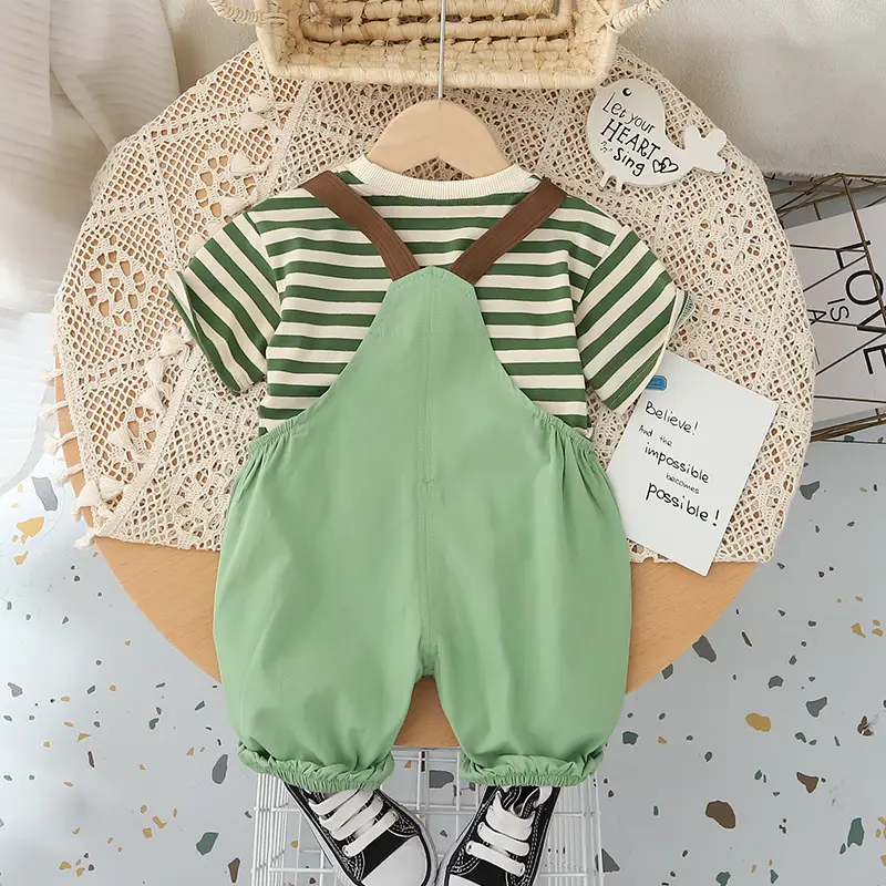 Boys Green Overalls Striped T-Shirt Split Suit 2025 - Image 4