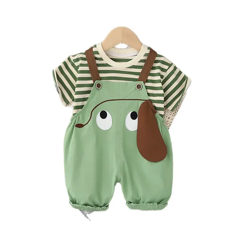 Boys Green Overalls Striped T-Shirt Split Suit 2025 - Image 5