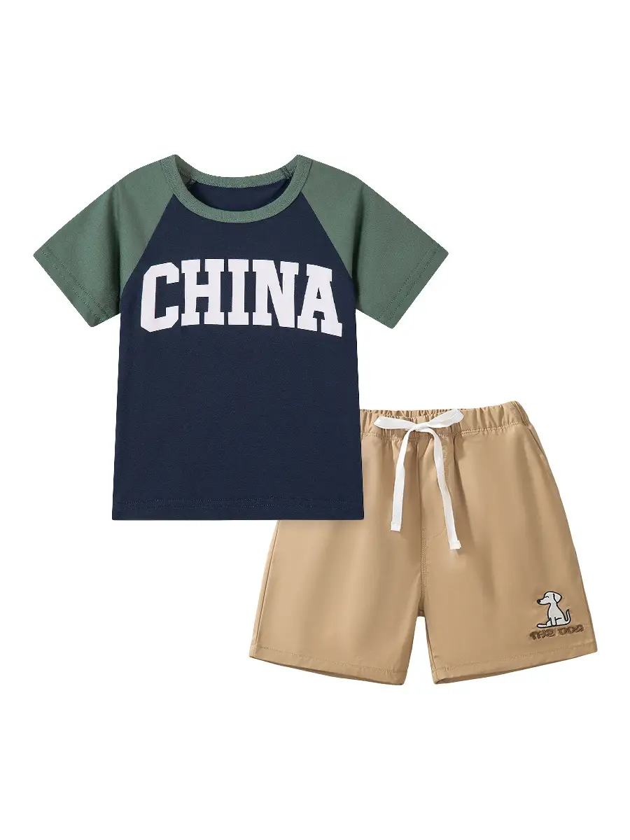 Little Chinese Print Boy Suit Summer Outfit Tan Elastic Waist - Image 7