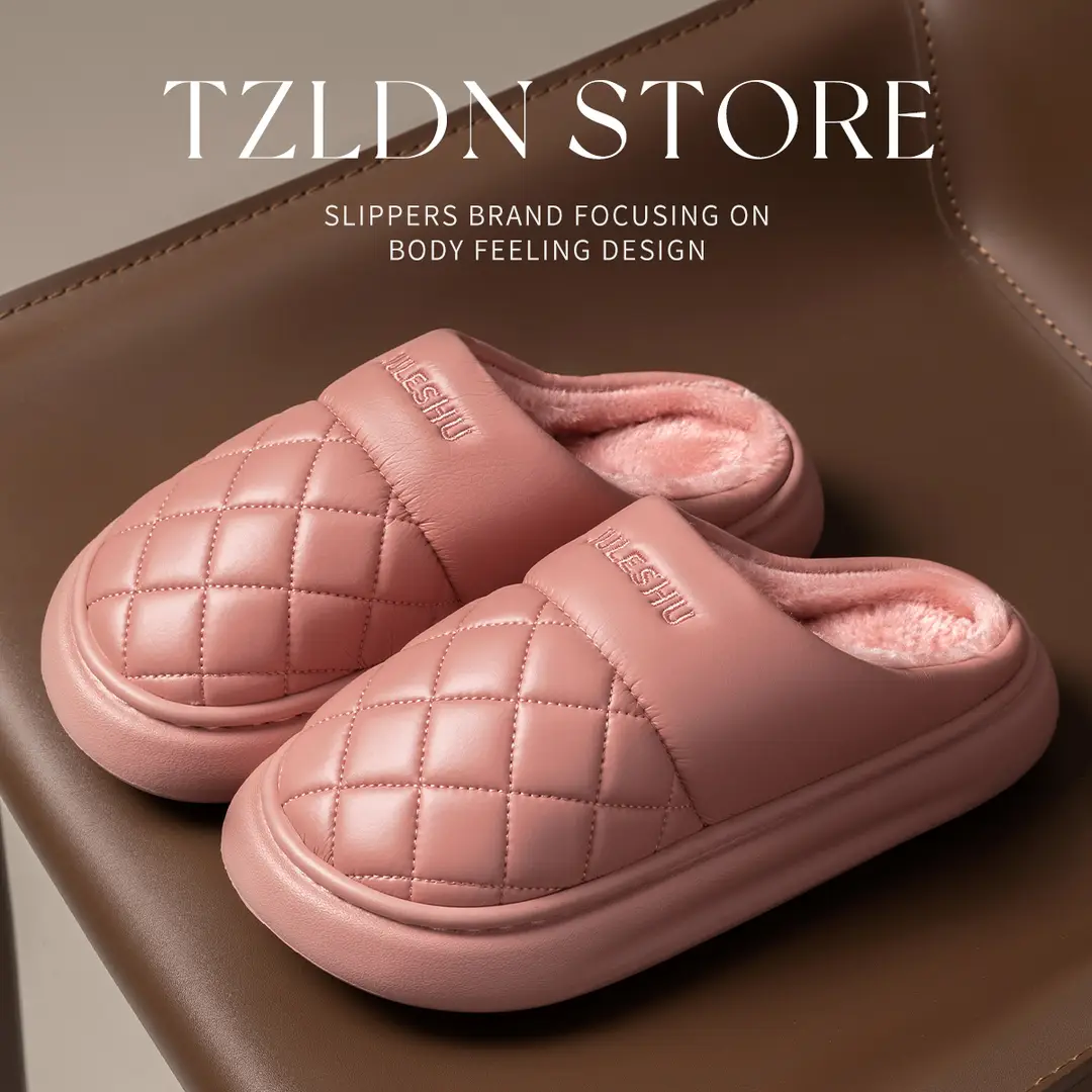 Waterproof Cotton Slippers for Women, Winter 2026 New Model, Indoor Warm Non-Slip Leather Cotton Slippers for Winter, Suitable for Men to Wear Outside