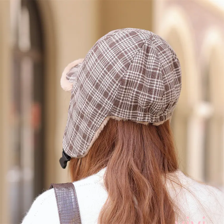 Winter Plaid Fleece Ear Cap for Women Warm - Image 4