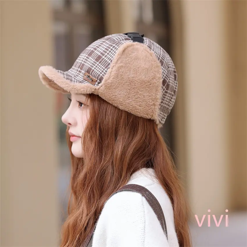 Winter Plaid Fleece Ear Cap for Women Warm - Image 5