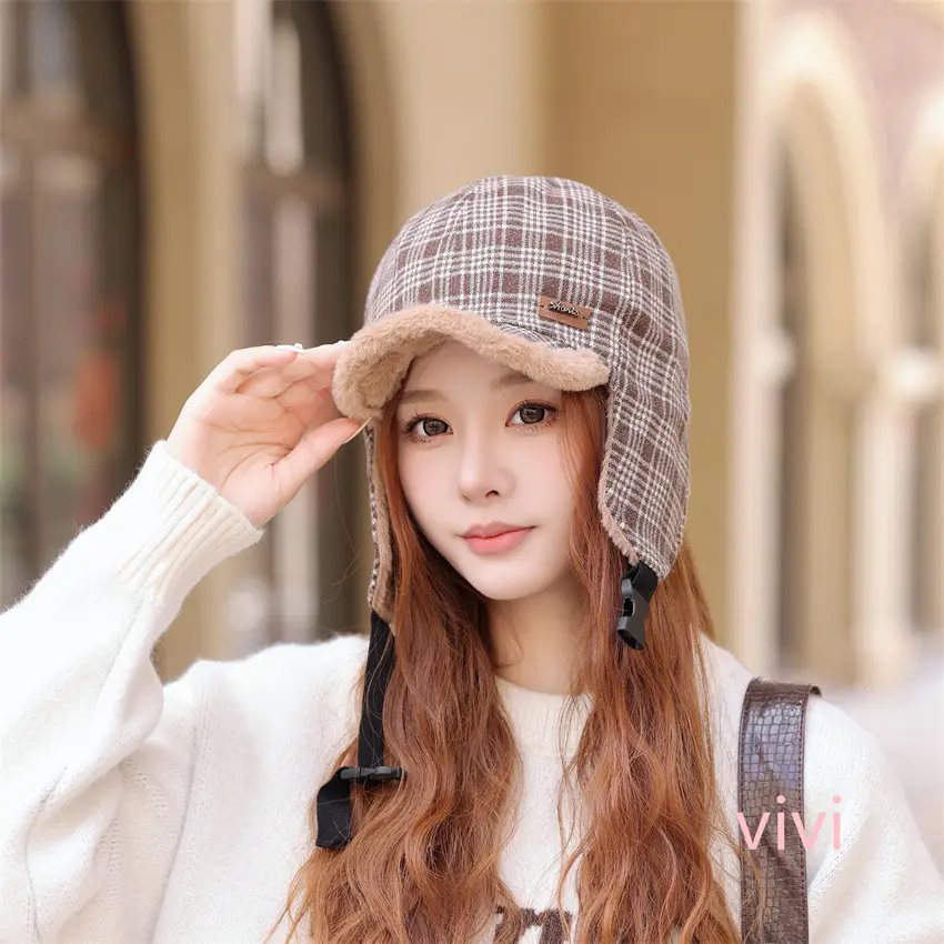 Winter Plaid Fleece Ear Cap for Women Warm - Image 6