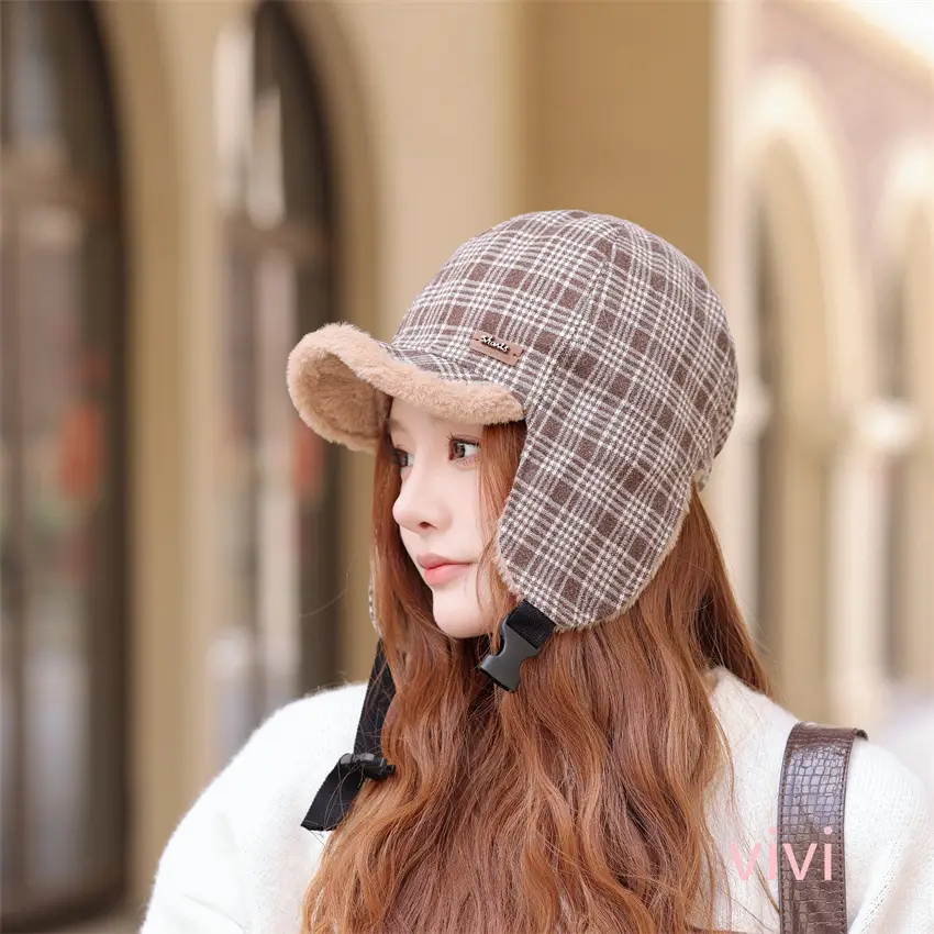 Winter Plaid Fleece Ear Cap for Women Warm — feature 5