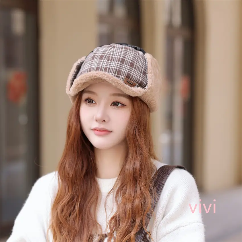 Winter Plaid Fleece Ear Cap for Women Warm — feature 7